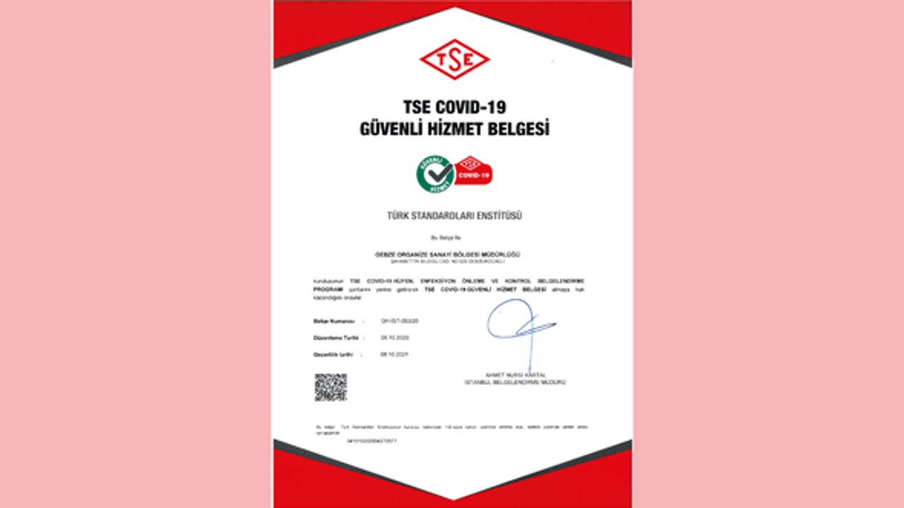 GOSB’dan, “TSE COVID-19 Güvenli Hizmet Belgesi”